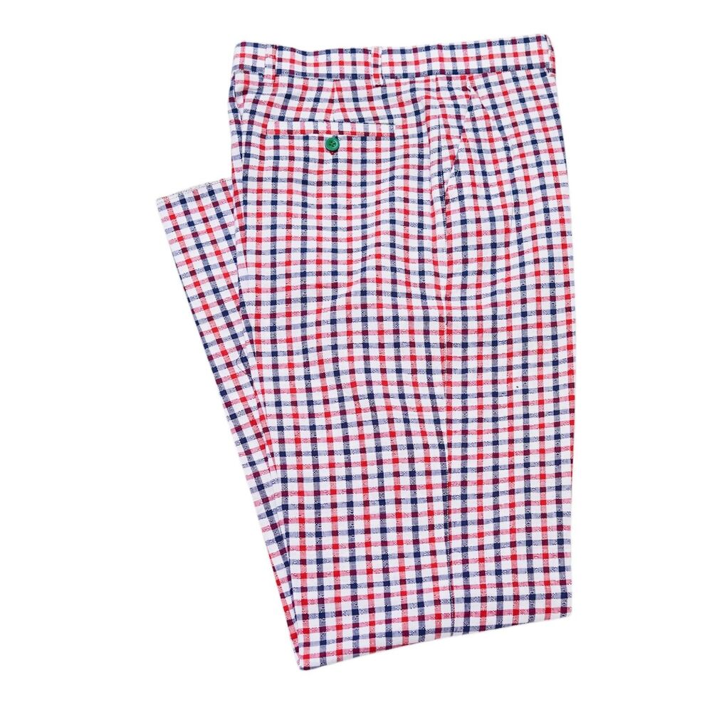 Mens 32 Red Blue Gingham Cotton Pants Check Straight Fit Flat Front Trousers